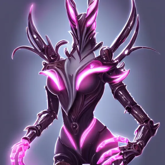 Image similar to highly detailed exquisite fanart, of a beautiful female warframe, but as an anthropomorphic elegant robot female dragon, shiny and smooth off-white plated armor engraved, robot dragon head with glowing eyes, Fuchsia skin beneath the armor, sharp claws, long sleek tail behind, robot dragon hands and feet, standing elegant pose, close-up shot, full body shot, epic cinematic shot, professional digital art, high end digital art, singular, realistic, DeviantArt, artstation, Furaffinity, 8k HD render, epic lighting, depth of field