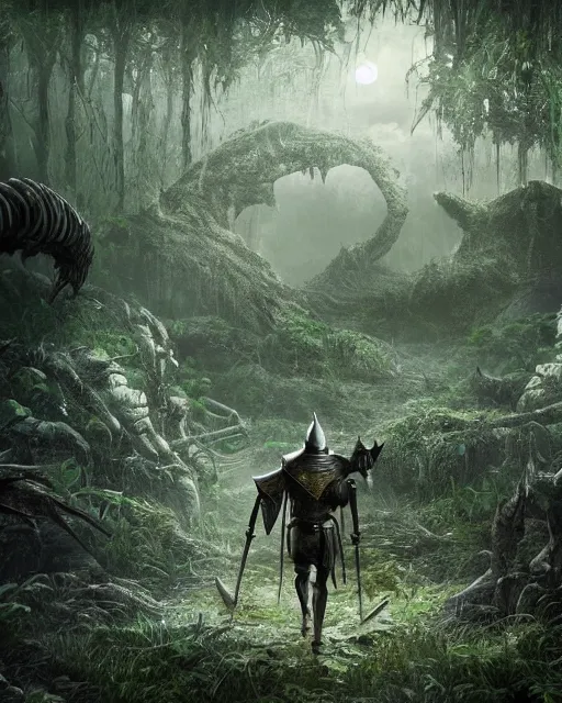 Prompt: a strong knight is walking towards a horrific monster in a densely overgrown, eerie jungle, fantasy, stopped in time, dreamlike light incidence, ultra realistic, award winning picture