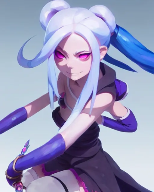 Image similar to jinx from league of legends, blue pigtails hair, detailed perfect face, exquisite details, fire magic, mid view, design on a white background, by studio muti, greg rutkowski makoto shinkai takashi takeuch studio ghibli