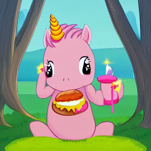 Prompt: a pretty pink unicorn character eating a little hamburger on the ground in a soccer field | digital art | very high quality | very detailed | totally awesome | very cute | horselike | eating a hamburger