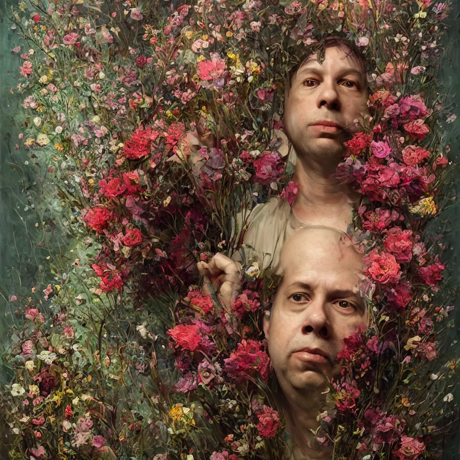 Image similar to todd solondz john zorn, male portrait of the john zorn todd solondz of the underworld puking blood, surrounded by flowers by karol bak, james jean, tom bagshaw, rococo, trending on artstation, cinematic lighting, hyper realism, octane render, 8 k, hyper detailed.