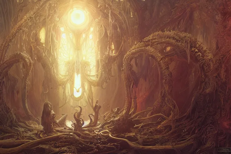 Image similar to a lovecraftian painting of a demonic shrine, occult, sacred ritual, cosmic horror elements, ultra realistic, concept art, intricate details, eerie, highly detailed, photorealistic, octane render, 8 k, unreal engine. art by artgerm and greg rutkowski and alphonse mucha