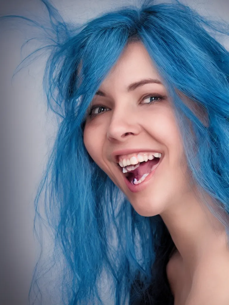 Prompt: Portrait of a woman with blue hair smiling, ultra-realistic, HD