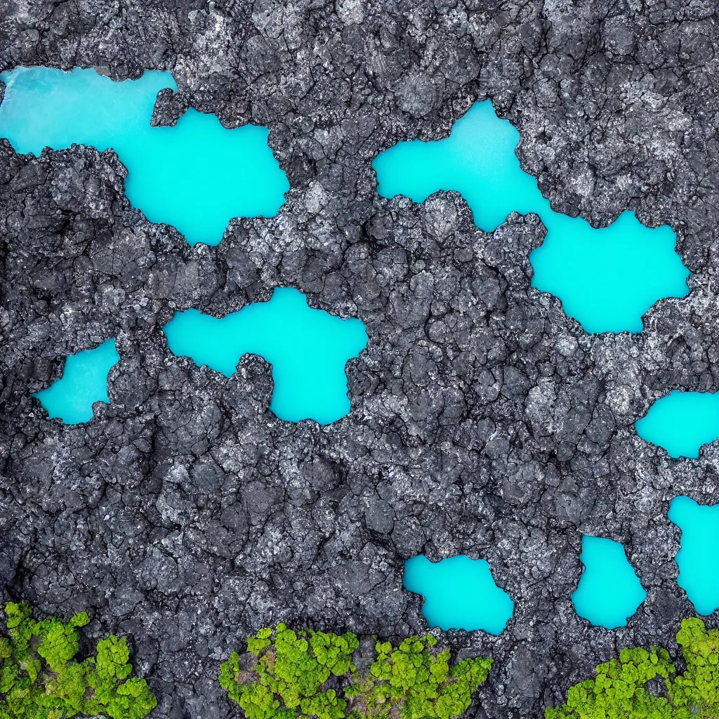 Prompt: birds eye view hexagonal basalt, bright blue pools of water with swirling seafoam, patches of green fields, black volcanic rock, icy glaciers,