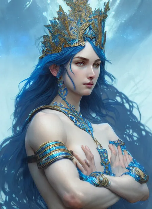 Image similar to a goddess of water wearing blue armor, with hands and hair turning into wearing, fantasy, intricate, elegant, highly detailed, digital painting, artstation, concept art, wallpaper, smooth, sharp focus, illustration, art by artgerm and greg rutkowski and alphonse mucha