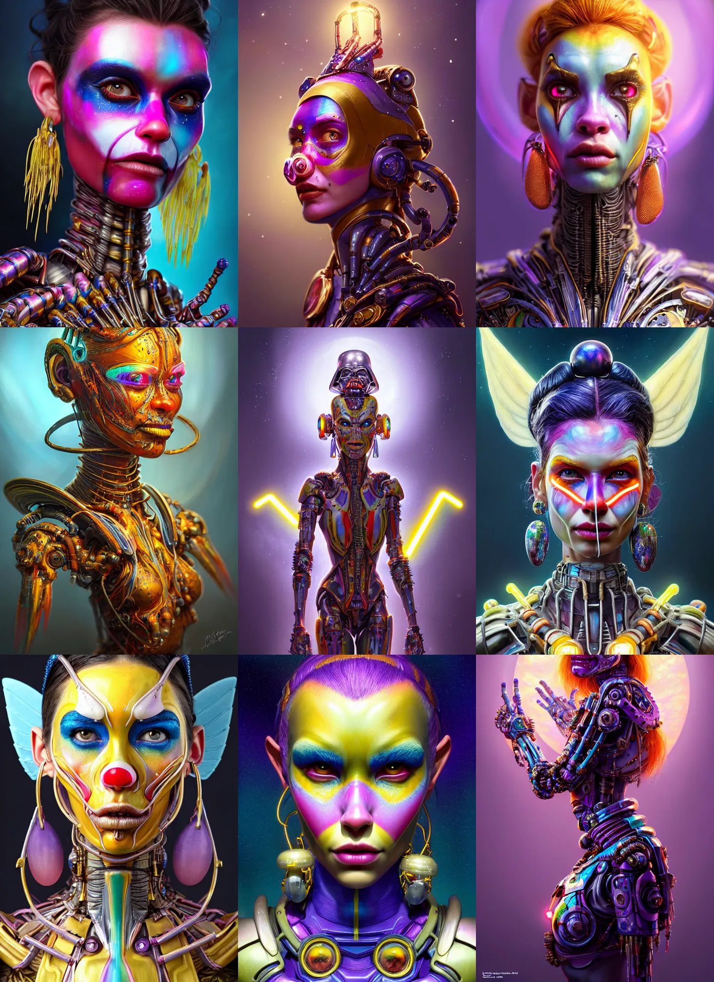 Prompt: bright translucent polished galactic clowncore weta cyborg : : disney pixar star wars portrait, soft angel queen madison beer, elaborate earrings, hi - fructose, sci fi fantasy intricate decadent highly - detailed digital painting, golden ratio, octane render, artstation, concept art, smooth, sharp focus, illustration, rossdraws, artgerm mucha, loish, wlop