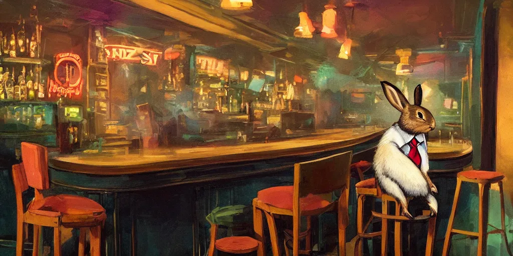 Image similar to a biped rabbit wearing a tie sits on a barstool at the bar of a 4 0 s jazz club, warm color palette, night time, dramatic lighting, noir film, character sheet, fine details, high contrast, blacksad, kim jung gi, greg rutkowski, trending on artstation, 8 k, front view, back view, ultra wide angle