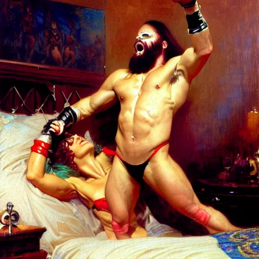 Image similar to macho man randy savage ring gear is in his bed, nervous and terrified, because miss elizaneth from hell is attacking him. highly detailed painting by gaston bussiere, j. c. leyendecker, greg rutkowski, craig mullins 8 k