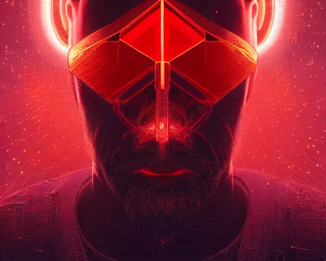 Image similar to portrait of wizard with halo of red cubes intricate abstract. intricate artwork, by tooth wu, wlop, beeple, dan mumford. concept art, octane render, trending on artstation, greg rutkowski very coherent symmetrical artwork. cinematic, key art, hyper realism, high detail, octane render, 8 k, iridescent accents