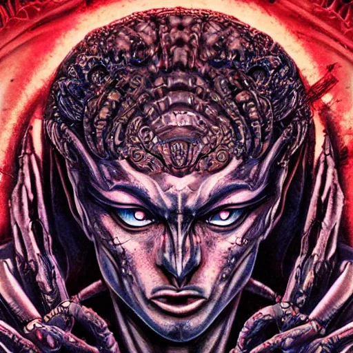 Image similar to 4K headshot of godlike Alien with defined arms and open hands and bloody clothes with giant mandala wings , intricate face , flawless anime cel animation by Kentaro Miura, psychedelic , highly detailed upper body , professionally post-processed , beautiful, scary, symmetry accurate features, epic, octane rendered, anime masterpiece, accurate by Craig Mullins, ilya kuvshinov, krenz cushart, epic , artgerm trending on artstation by Edward Hopper and Dan Mumford and WLOP and Rutkovsky, beksinski carl spitzweg moebius and tuomas kocar, intricate artwork by caravaggio, Unreal Engine 5, Lumen, Nanite