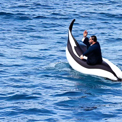 Prompt: Salvini riding a dolphin in a blue sea