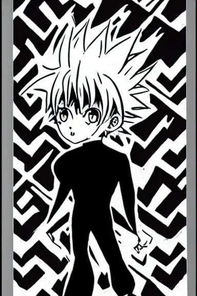 Image similar to attractive little boy in black cat suit, black and white artwork made by yoshihiro togashi,