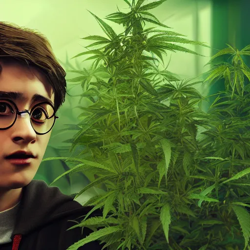 Prompt: harry potter smoking weed and surrounded by green dense weed kush plants, smoke in front, smoke behind, smoke background, red eyes, smoking weed,, hyper detailed, digital art, trending in artstation, cinematic lighting, studio quality, smooth render, unreal engine 5 rendered, octane rendered,