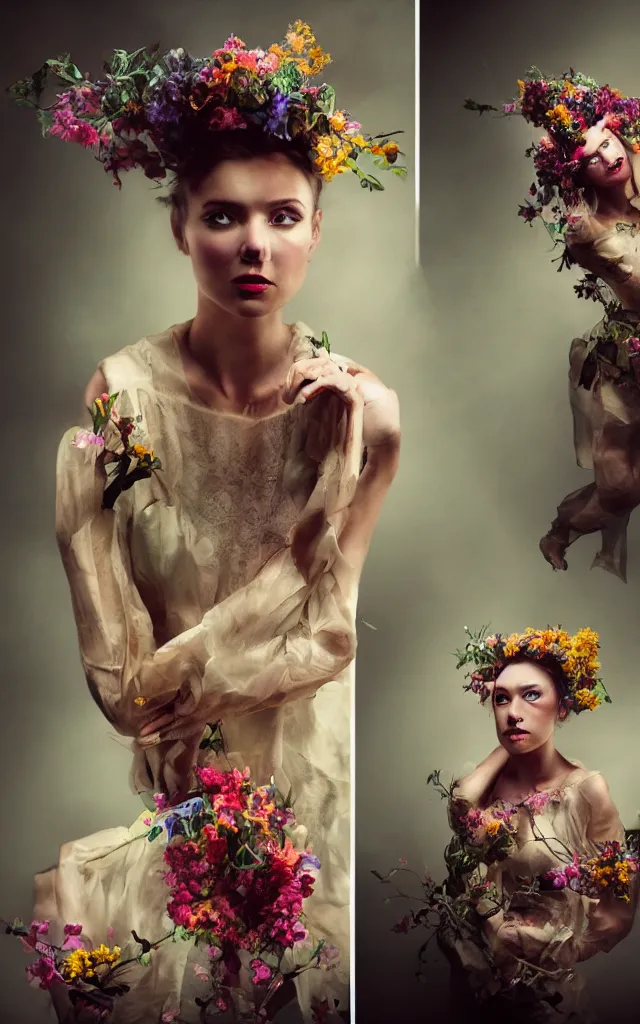 Image similar to a gorgeous young woman from the future adorned with flowers, creative studio portrait photography with wildly experimental lighting from various sources, cinematic, dramatic, in the style of WLOP and Norman Rockwell