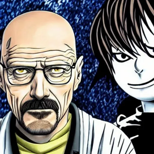 Image similar to Walter white from Breaking Bad speaking with Ryuk from death note, anime