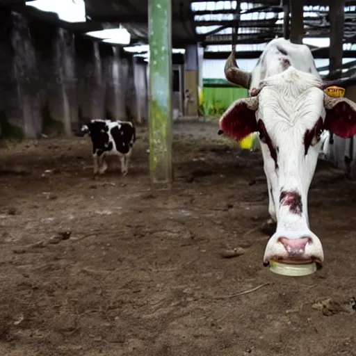 Image similar to dirty bottle of milk and a cow inside slaughterhouse