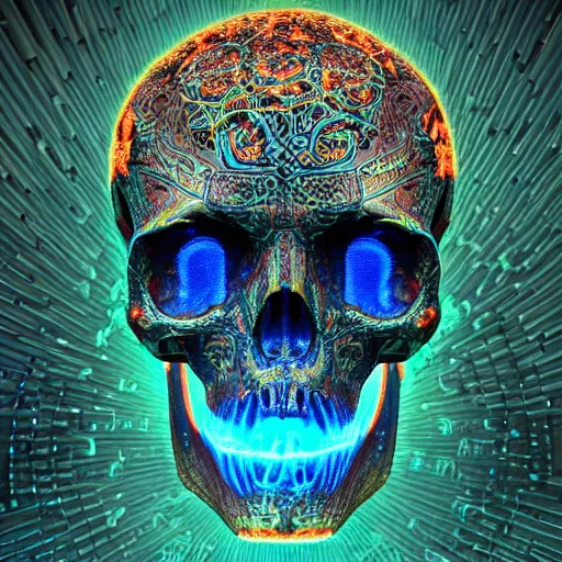 Prompt: a highly detailed human skull covered with intricate designs with fire for eyes on fire in front of a neon blue background, 3 d, depth of field, colorful, octane render, symmetrical, hyper realism, highly detailed, digital art, artstation, concept art, cinematic lighting, trending