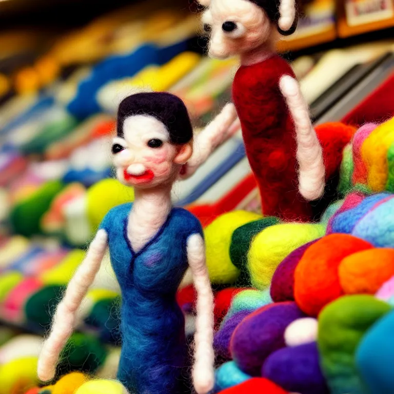 Image similar to needle felted person at supermarket, highly detailed, tilt shift, cute, hyperrealism, highly textured, god rays