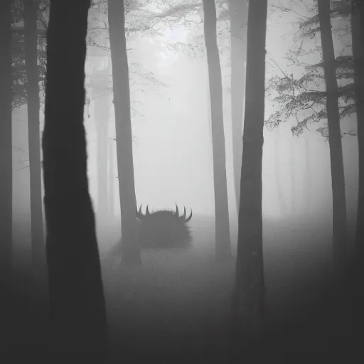 Prompt: giant black fluffy demon in the centre of misty forest, monochrome lomography