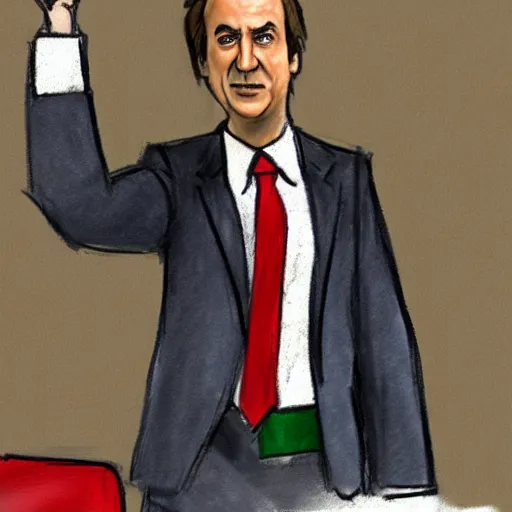 Image similar to a court sketch of saul goodman defending super mario in court, sketch art, court sketch art, saul goodman, mario, very sketchy court sketch