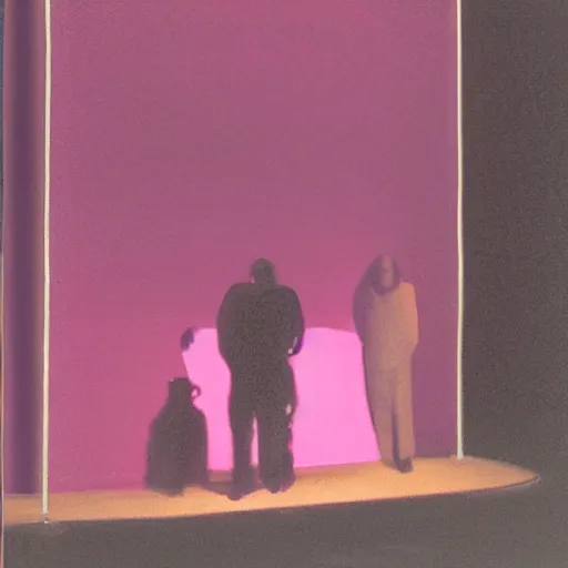 Prompt: People stand illuminated by pink light, at a bus stop in the dark k10 Francis Bacon Style