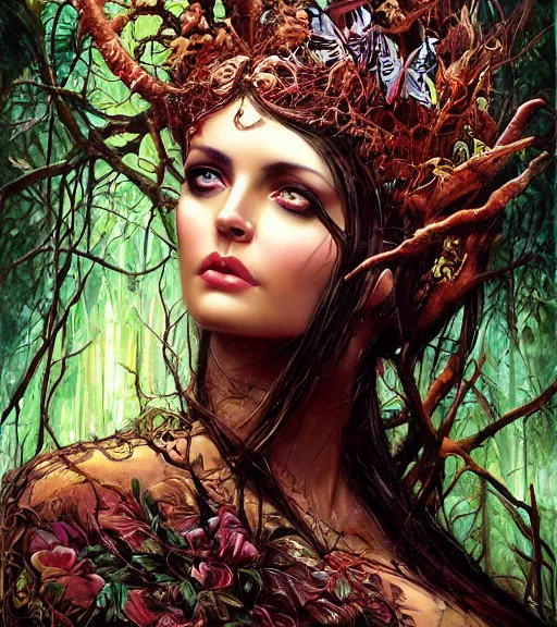 Prompt: ancient goddess, lush forest, digital art by karol bak