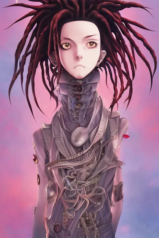 Image similar to portrait of an anime manga guy with snake dreads, straight on, by artgerm, james jean, tom bagshaw, gerald brom, vaporwave colors, lofi colors, vaporwave, lofi, goth vibe, 4 k, smooth, hd, substance designer render, full body character concept art, symmetrical, 2 point lighting,