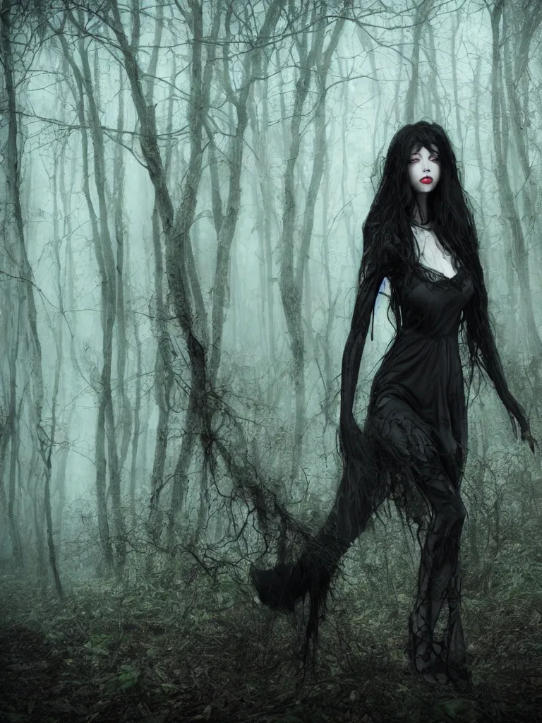 Prompt: beautiful dark witch in a gloomy horror forest cinematic, realistic, detailed, full body