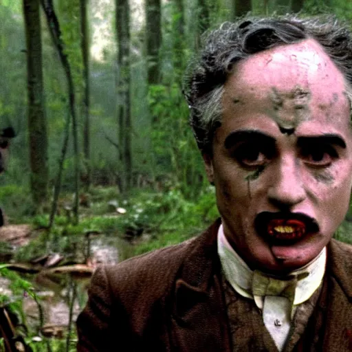 Prompt: cinematic still of charlie chaplin, covered in mud and watching a predator in a swamp in 1 9 8 7 movie predator, hd, 4 k