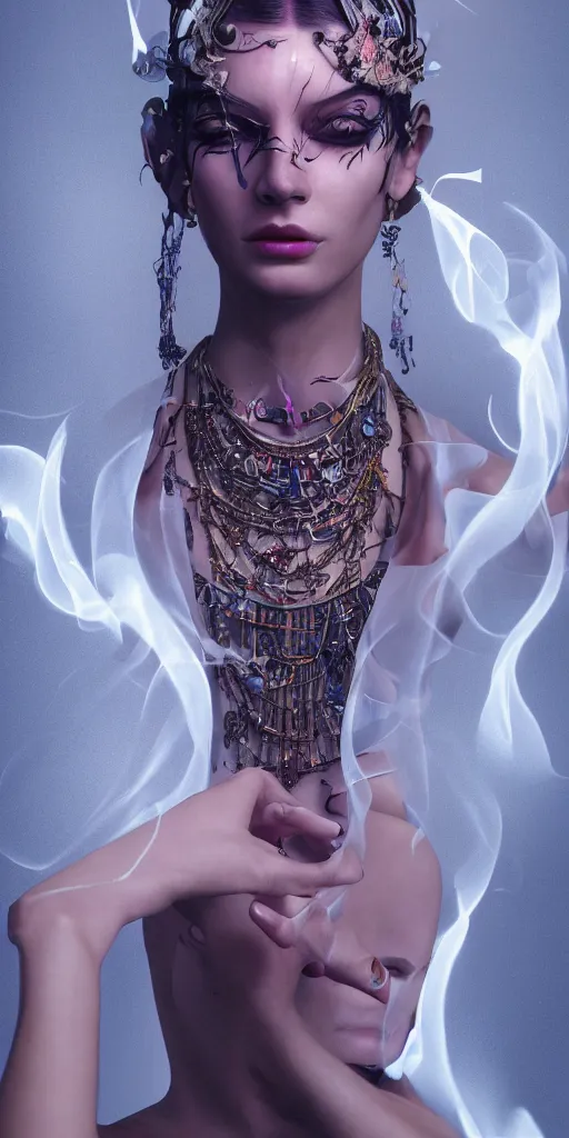 Image similar to hyperrealistic futuristic high fashion photography, girl in studio, full body, vogue magazine, nomad masterpiece, nano parts, neon lights, smoke, eerie music, beautiful intricate face and flawless skin, tribal jewelry, tattoos, perfect hands, head piece, by Edgar Maxence and Ross Tran and Michael Whelan, 8k, octane render