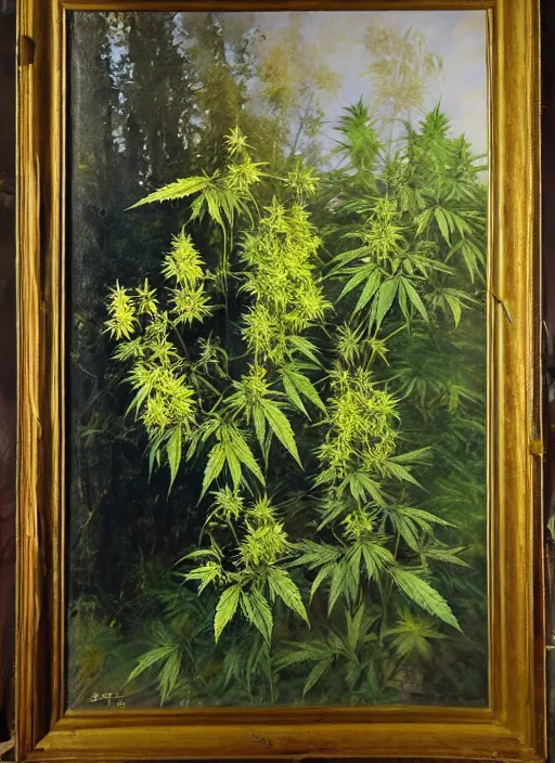 Image similar to oil painting by anders zorn, nature, bush, marijuana flowers, backlit cannabis leaves with backlight