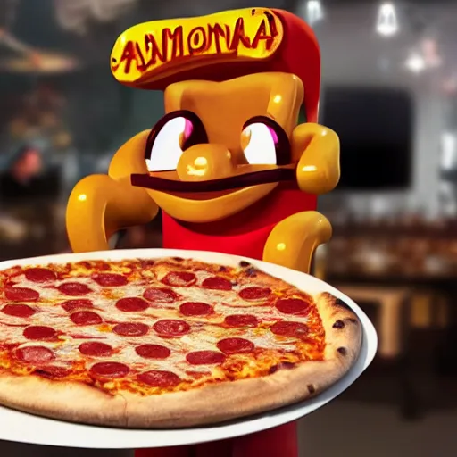 Prompt: an anamatronic pizza character