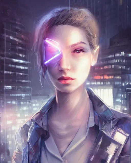 Image similar to photorealistic character portrait of a beautiful half cyborg woman with a mischievous look, the half cyborg woman is wearing a long trench coat, in a night rooftop scene by Liam Wong!!!, character portrait in the style of Artgerm and NeoArtCorE