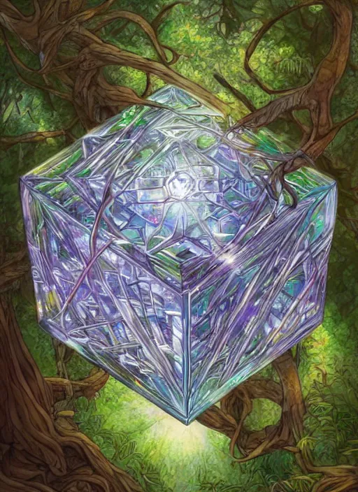 Image similar to a crystal cube in a forest, highly detailed, intricate, concept art, art station, cinematic light, realistic, ethereal light, art by Terry Moore