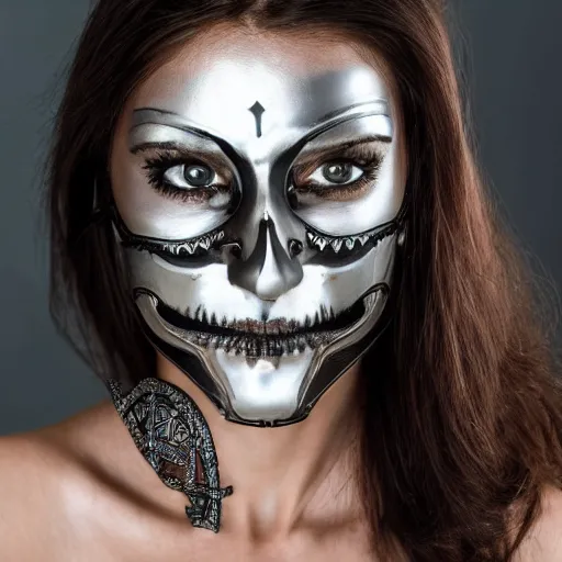Image similar to A new dark hero for blockbuster movies. A beautiful woman wearing a silver skeletal mask, engraved with ancient detailed patterns. Attractive eyes. A fearless smile. Blurred background. Earrings.