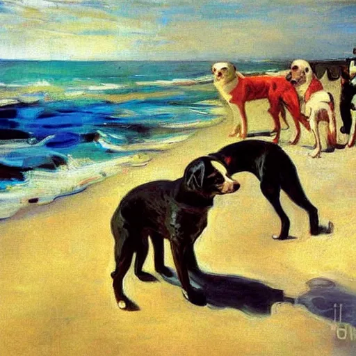 Prompt: dogs on the beach painted by sorolla