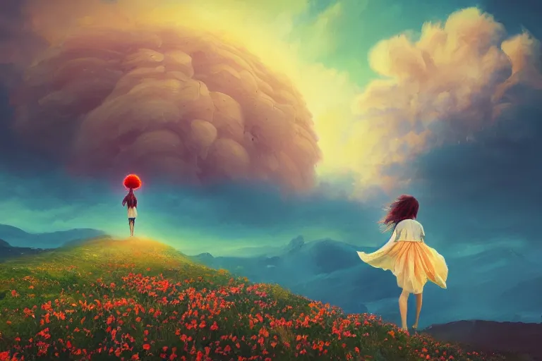 Image similar to giant dahlia flower over head, girl walking on mountain, surreal photography, stars, dramatic light, impressionist painting, storm clouds, digital painting, artstation, simon stalenhag