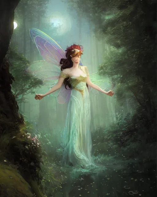 Image similar to a portrait of beautiful fairy goddness fly high in the night, d & d, fantasy, mist, full moon in background, trees, hyper detailed,, midium shot, an oil painting by ruan jia, trending on artstation, concept art, sharp focus, illustration, gaston bussiere, craig mullins, j. c. leyendecker, beautiful lighting