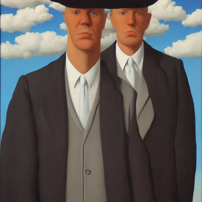 Image similar to portrait of a cloud man in a suit by rene magritte, detailed painting, hd, hq, high resolution, high detail, 4 k, 8 k