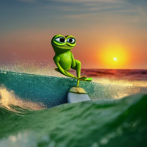 Prompt: a closeup photorealistic photograph of a cute pepe the frog on a surfboard surfing on the waves at sunset. surf in background. professional capture. brightly lit scene. this 4 k hd image is trending on artstation, featured on behance, well - rendered, extra crisp, features intricate detail, epic composition and the style of unreal engine