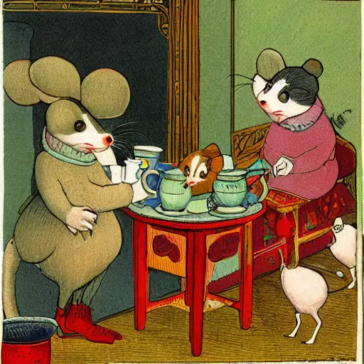 Image similar to russian mouse drinks tea from samovar with her little children, children book illustration