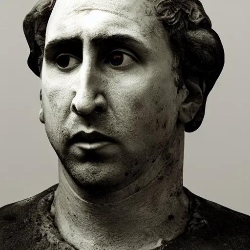 Prompt: Award-winning photograph by Chema Madoz. The photo depicts a decaying roman bust of Nicolas Cage at the bottom of the sea. Minimalism, high definition, perfect composition. Deep sea picture. Very dark. Volumetric Lighting. Fish. Darkness. Ruins