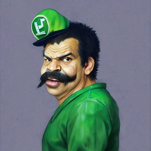 Prompt: hyper realistic, realistic - anime, portrait, beautifully rendered, luis guzman as luigi wearing green, smirking deviously, luigi, luigi's nose, painted by jan van eyck, greg rutkowski, wlop, artgerm, dishonored 2,