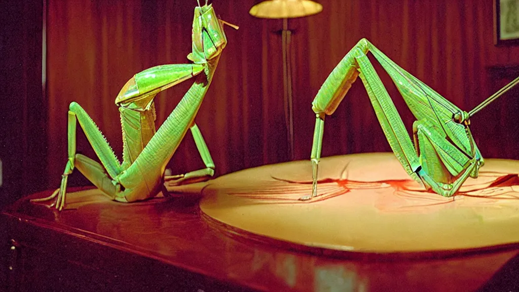 Image similar to the giant praying mantis head in the living room made of wax and water, film still from the movie directed by Wes Anderson with art direction by Salvador Dalí, wide lens