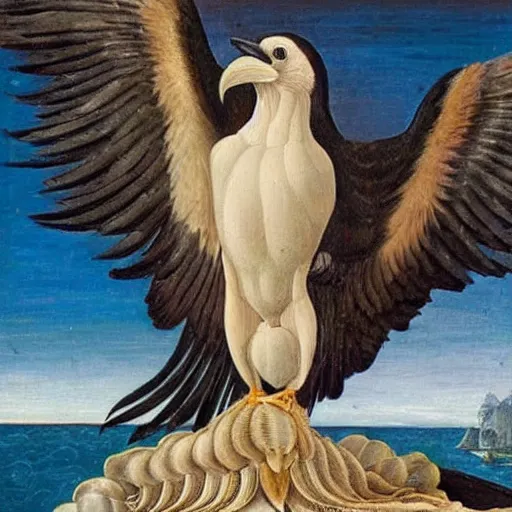 Image similar to high quality oil painting by botticelli, a raven bird standing on a seashell