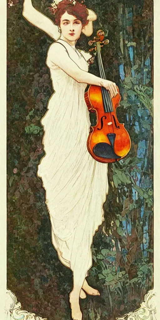 Prompt: A young edwardian woman wearing a white dress, holding a violin in her hands, in the style of mucha