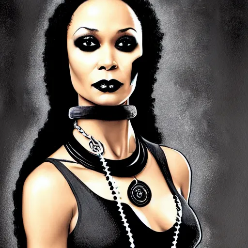 Image similar to thandiwe newton as the comic book character, death, a young and beautiful pale goth girl wearing a black vest and black punk hair, an ankh medallion hangs around her neck. dramatic makeup, the actress thandiwe newton, comic art portrait by joshua middleton and coles phillips, kandinsky,