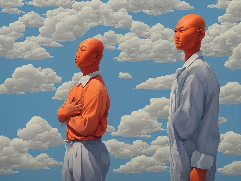 Prompt: ‘The Center of the World’ (Fang Lijun Cynical Realist illustrated painting, bald head, orange skin, white clothing, blue sky and clouds) was filmed in Beijing in April 2013 depicting a white collar office worker. A man in his early thirties – the first single-child-generation in China. Representing a new image of an idealized urban successful booming China.