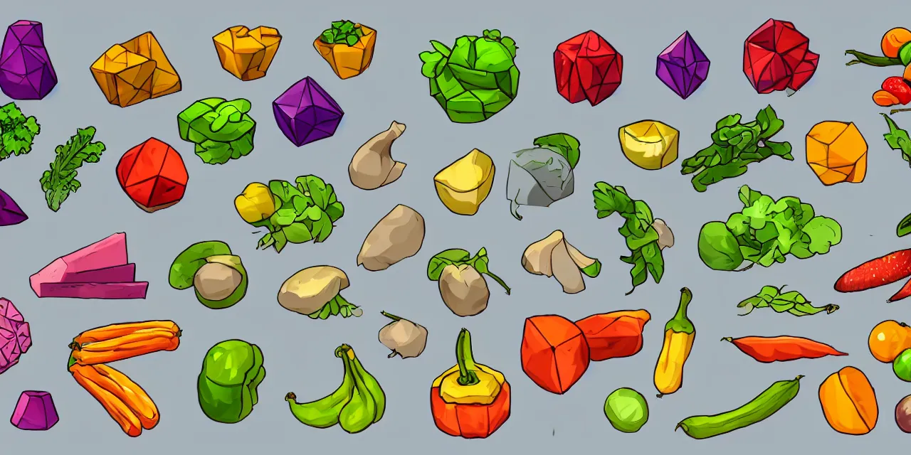 Prompt: game asset sheet, 2 d sprite, vegetables and fruits all in platonic solid shapes material study