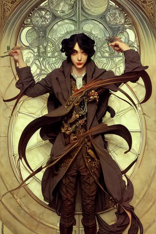 Prompt: thin young male alchemist, long dark hair, art deco, fantasy, highly detailed, intricate, smooth, art by joseph leyendecker, peter mohrbacher, ruan jia, marc simonetti, ayami kojima, cedric peyravernay, jesper ejsing, alphonse mucha, victo ngai